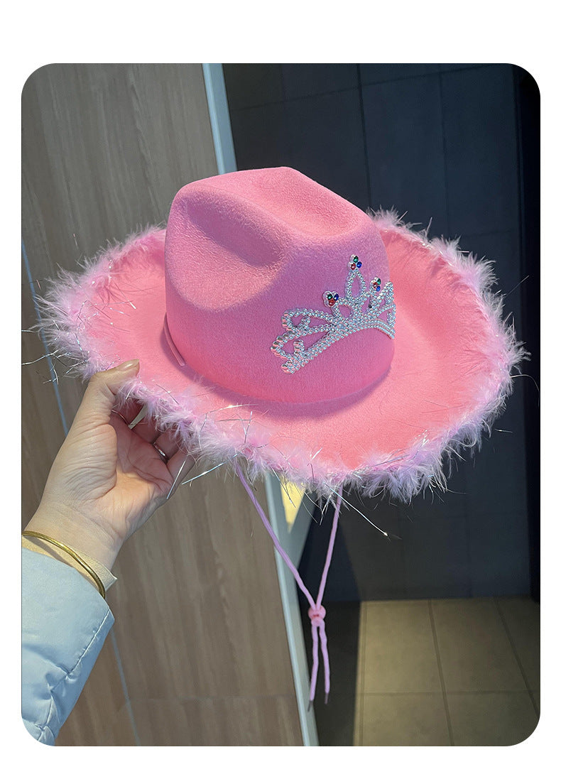 Western Denim Big Brim Sun-proof Rhinestone Crown Fedora Hat