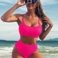 Solid Color Snake Cloth High Waist Bikini Swimsuit