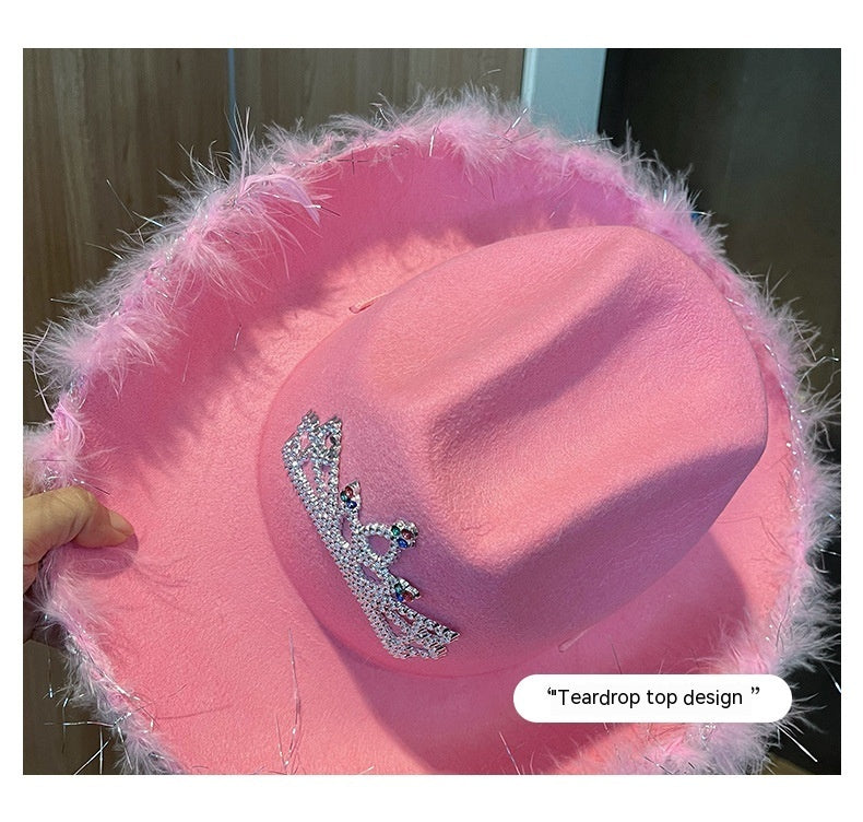 Western Denim Big Brim Sun-proof Rhinestone Crown Fedora Hat