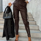 Fashion Slim-fitting Leather Trousers Women Waist-cinching Zipper Design Pants With Pockets