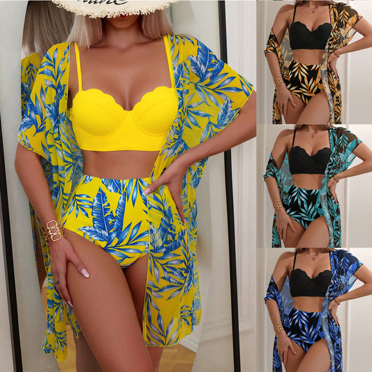 Women's Maple Leaf Printed High Waist Mesh Bikini Suit