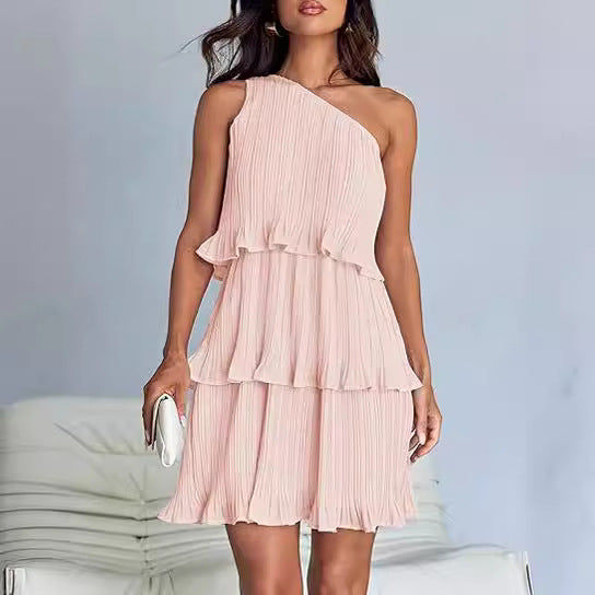 Casual Women's One Off-Shoulder Layered Stitching Hem Dress Simple Solid Color Dress Summer Street High Waist Comfortable Dresses