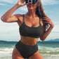 Solid Color Snake Cloth High Waist Bikini Swimsuit