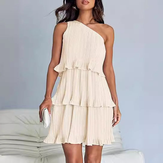 Casual Women's One Off-Shoulder Layered Stitching Hem Dress Simple Solid Color Dress Summer Street High Waist Comfortable Dresses